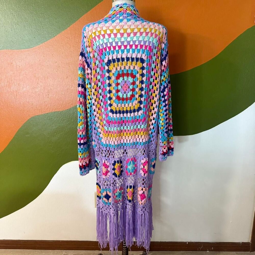 Luxe Moda Crochet Granny Square Cardigan Fringe Duster Sweater Plus Size 1X 2X